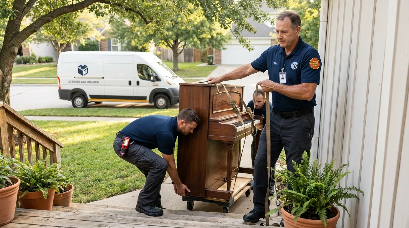 Licensed piano movers securing grand piano in Erwin, NC