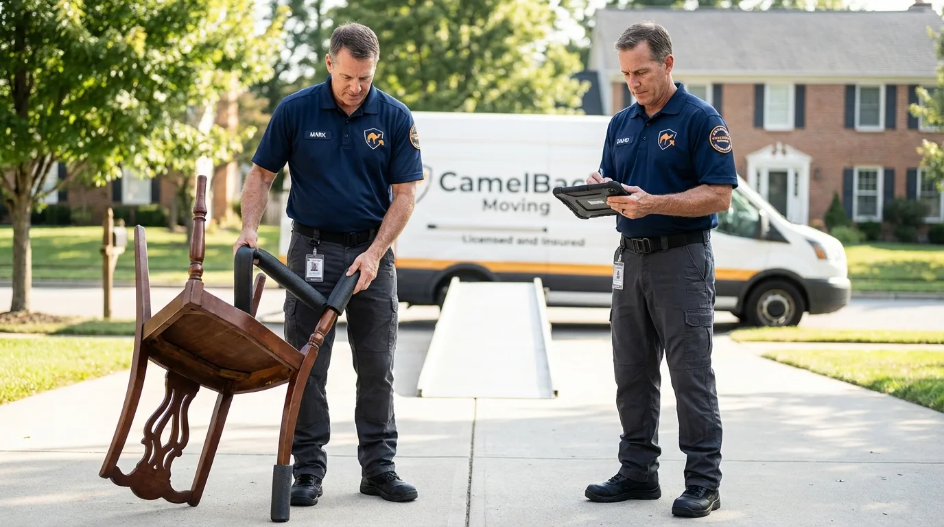 Movers inspecting furniture for damage prevention before loading in Erwin, NC