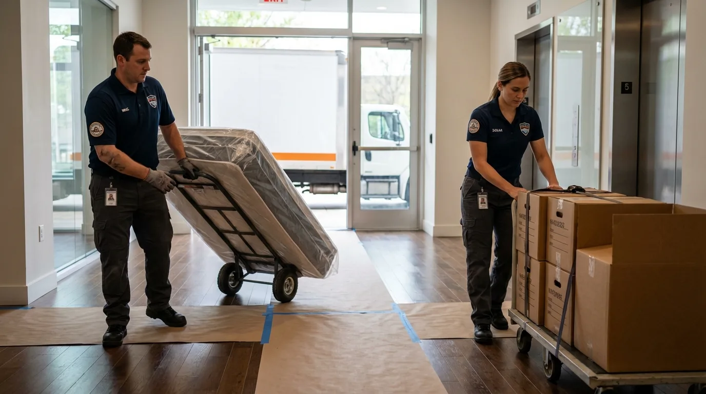 Professional apartment movers loading elevator in Erwin, NC