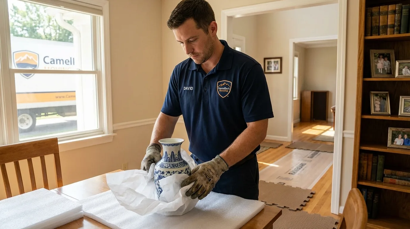 Professional crew carefully wrapping antique vase for senior downsizing move in Erwin, NC